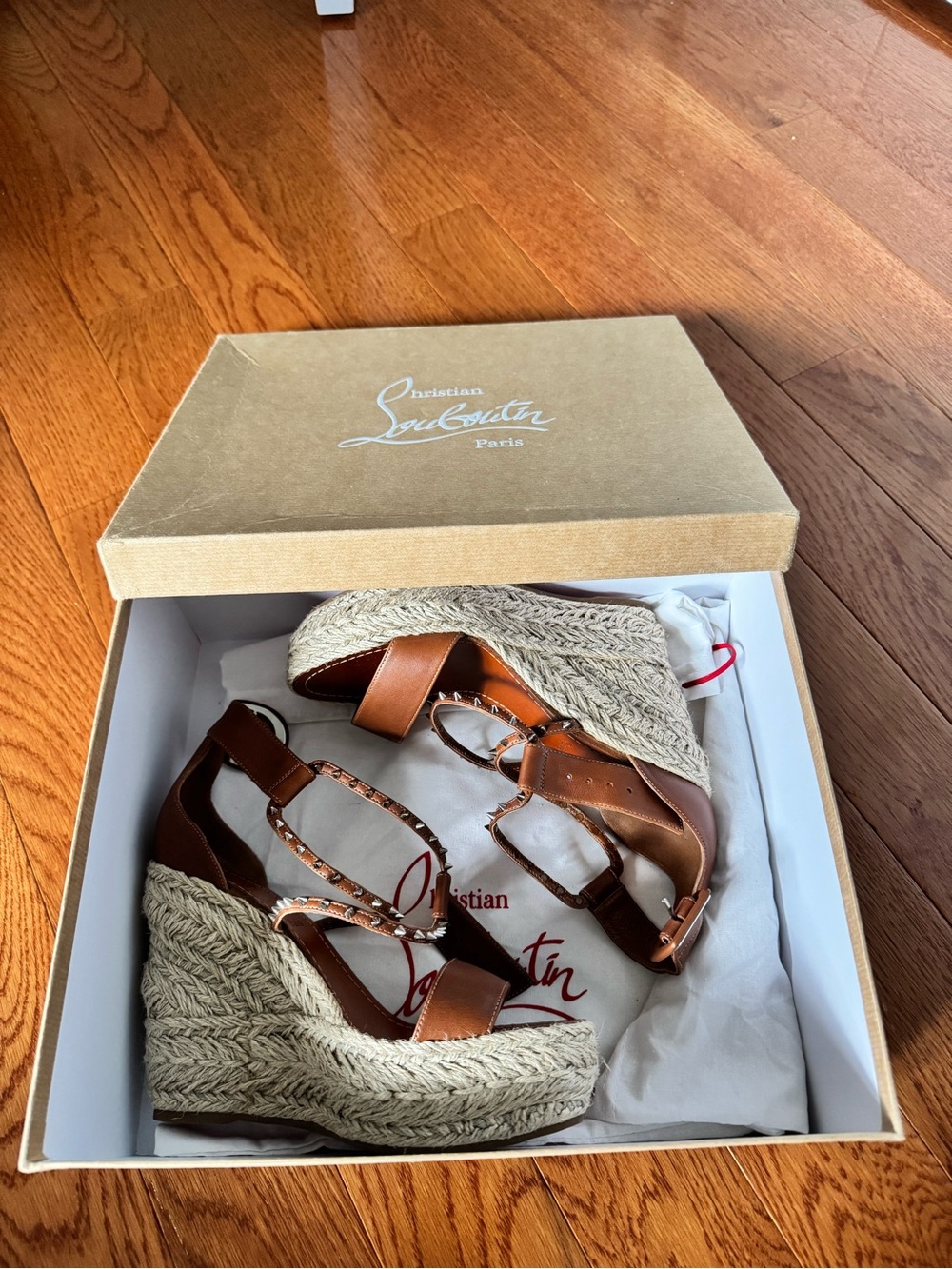Christian Louboutin Tan Brown Leather Espadrille Wedge Sandals